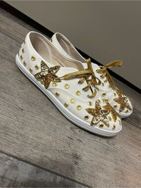 Glitzies White Canvas Sneakers with Gold Star Sequin Embellishments vintage 80s
